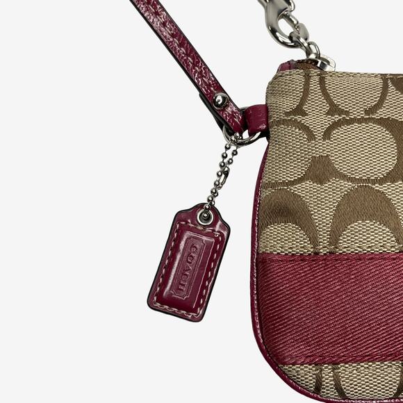 Coach Signature Canvas Wristlet Burgundy Patent Trim Small Pouch Bag - Picture 3 of 14